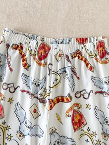PrepCrw HARRY POTTER X SHEIN 兒童青少年女孩可愛卡通圖案寬鬆休閒家居服，適合日常居家穿著與居家度假，白色，秋季 - 白色 - 查看 7