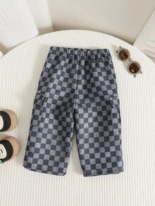 Baby Boy Checkerboard Pattern Elastic Waist Long Pants, Versatile And Comfortable Back To School Clothes Fall/Winter Clothes - Multicolor - View 2