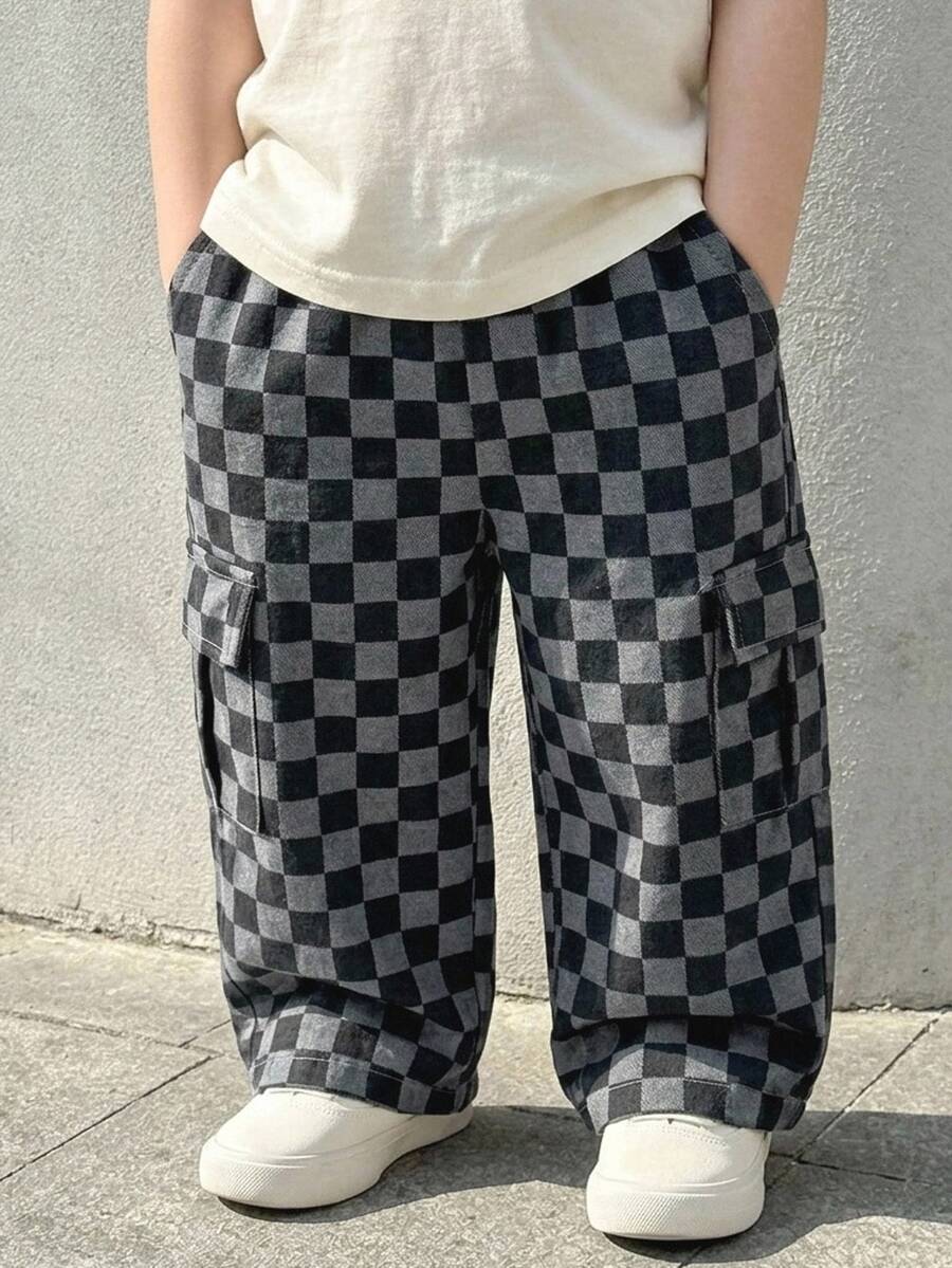 Baby Boy Checkerboard Pattern Elastic Waist Long Pants, Versatile And Comfortable Back To School Clothes Fall/Winter Clothes - Multicolor - View 1