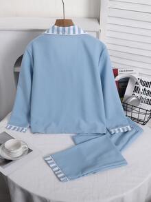 Boys' 2 Pieces Casual Loungewear Set With Turn-Down Collar Open-Front Long Sleeve Top And Casual Long Pants - Blue - View 2