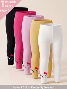 SHEIN 1件女孩隨機春/夏/四季款內搭褲，甜美可愛蝴蝶結與小貓印花，百搭柔軟舒適羅紋針織，密集下擺 - 彩色 - 查看 3