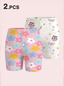 Girls' New Best-Selling Heart & Flower Digital Print Knit Leggings, 2-Pack, Simple Fashionable Comfortable Casual Short Base Layer, Skin-Tight Basic Anti-Exposure, Wearable As Outerwear - Grey - View 2