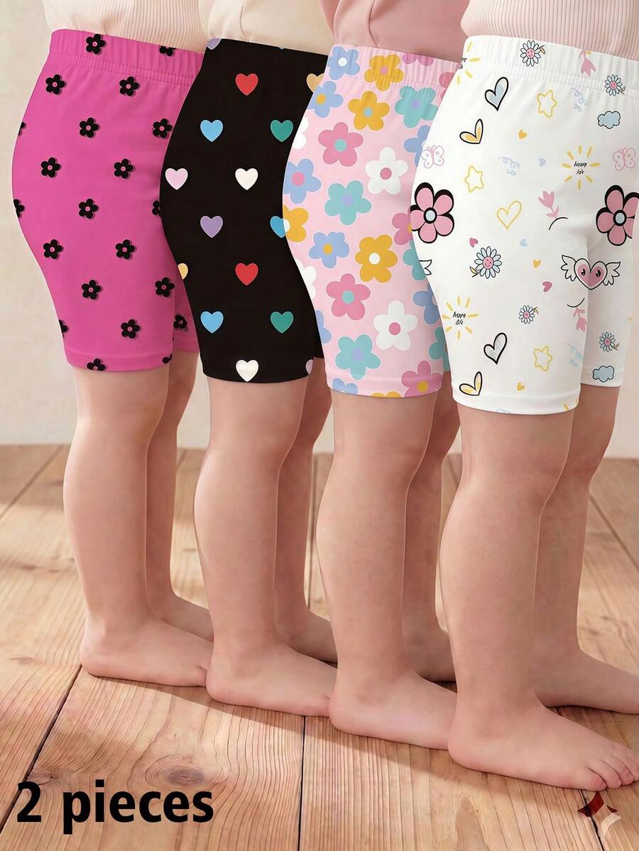 Girls' New Best-Selling Heart & Flower Digital Print Knit Leggings, 2-Pack, Simple Fashionable Comfortable Casual Short Base Layer, Skin-Tight Basic Anti-Exposure, Wearable As Outerwear - Grey - View 1
