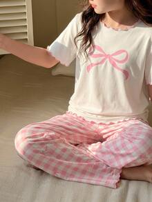 [Random 1 Set] Teen Girls Pajamas New Elegant Fashion Bow Combination Print Knit Camisole With Contrast Color Frill Trim Top And All-Over Print - Multicolor - View 5