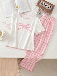 [Random 1 Set] Teen Girls Pajamas New Elegant Fashion Bow Combination Print Knit Camisole With Contrast Color Frill Trim Top And All-Over Print - Multicolor - View 3