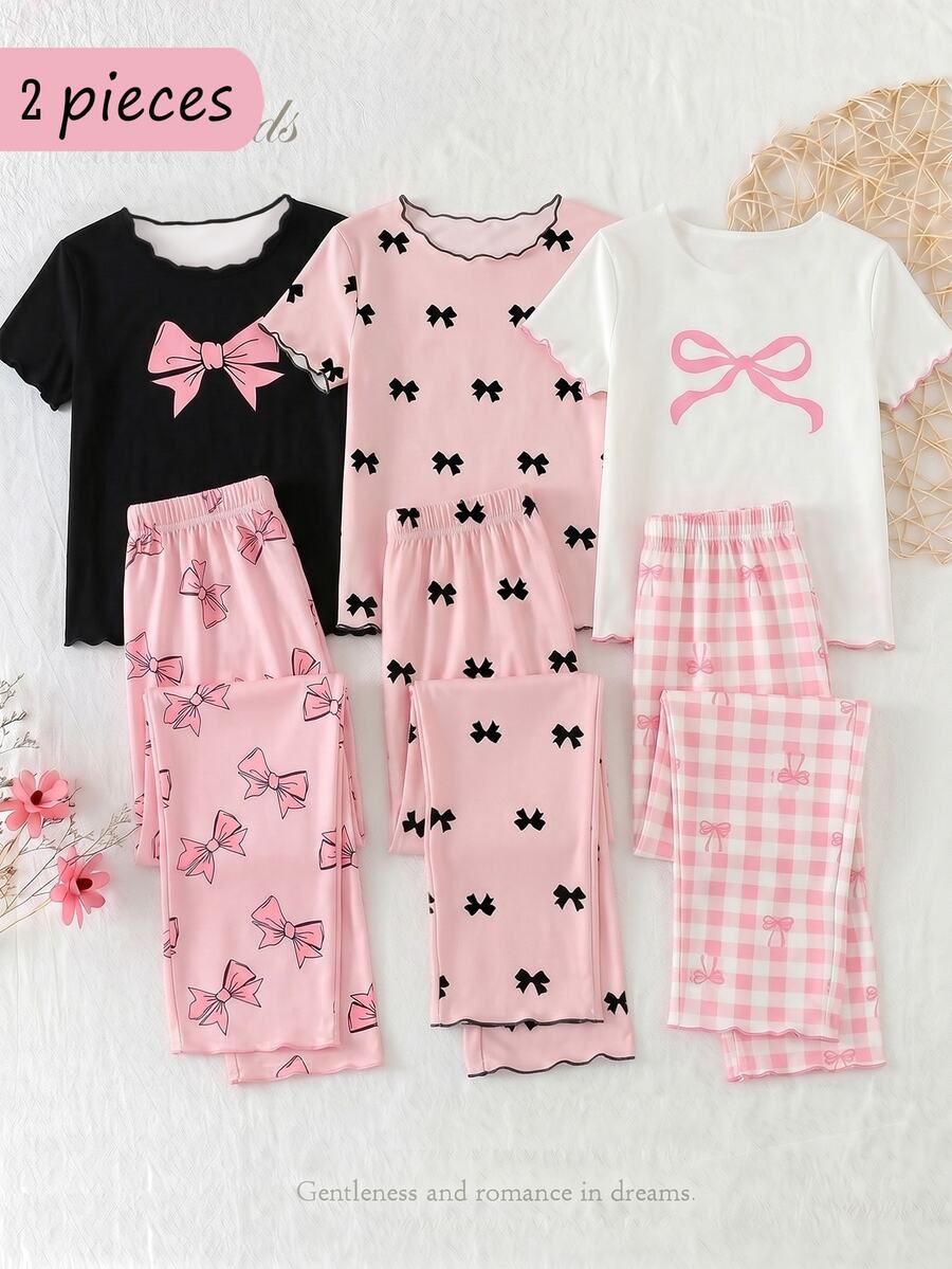 [Random 1 Set] Teen Girls Pajamas New Elegant Fashion Bow Combination Print Knit Camisole With Contrast Color Frill Trim Top And All-Over Print - Multicolor - View 1