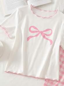 [Random 1 Set] Teen Girls Pajamas New Elegant Fashion Bow Combination Print Knit Camisole With Contrast Color Frill Trim Top And All-Over Print - Multicolor - View 4
