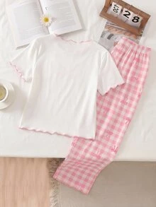 [Random 1 Set] Teen Girls Pajamas New Elegant Fashion Bow Combination Print Knit Camisole With Contrast Color Frill Trim Top And All-Over Print - Multicolor - View 2