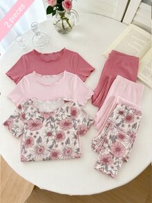 SHEIN Playful Pals 女童睡衣 春夏四季通用 可愛甜美小蜜蜂、草莓、小碎花圖案組合印花 波浪下擺設計 圓領短袖套頭上衣與長褲 2件套居家休閒服 1套 - 彩色 - 查看 1