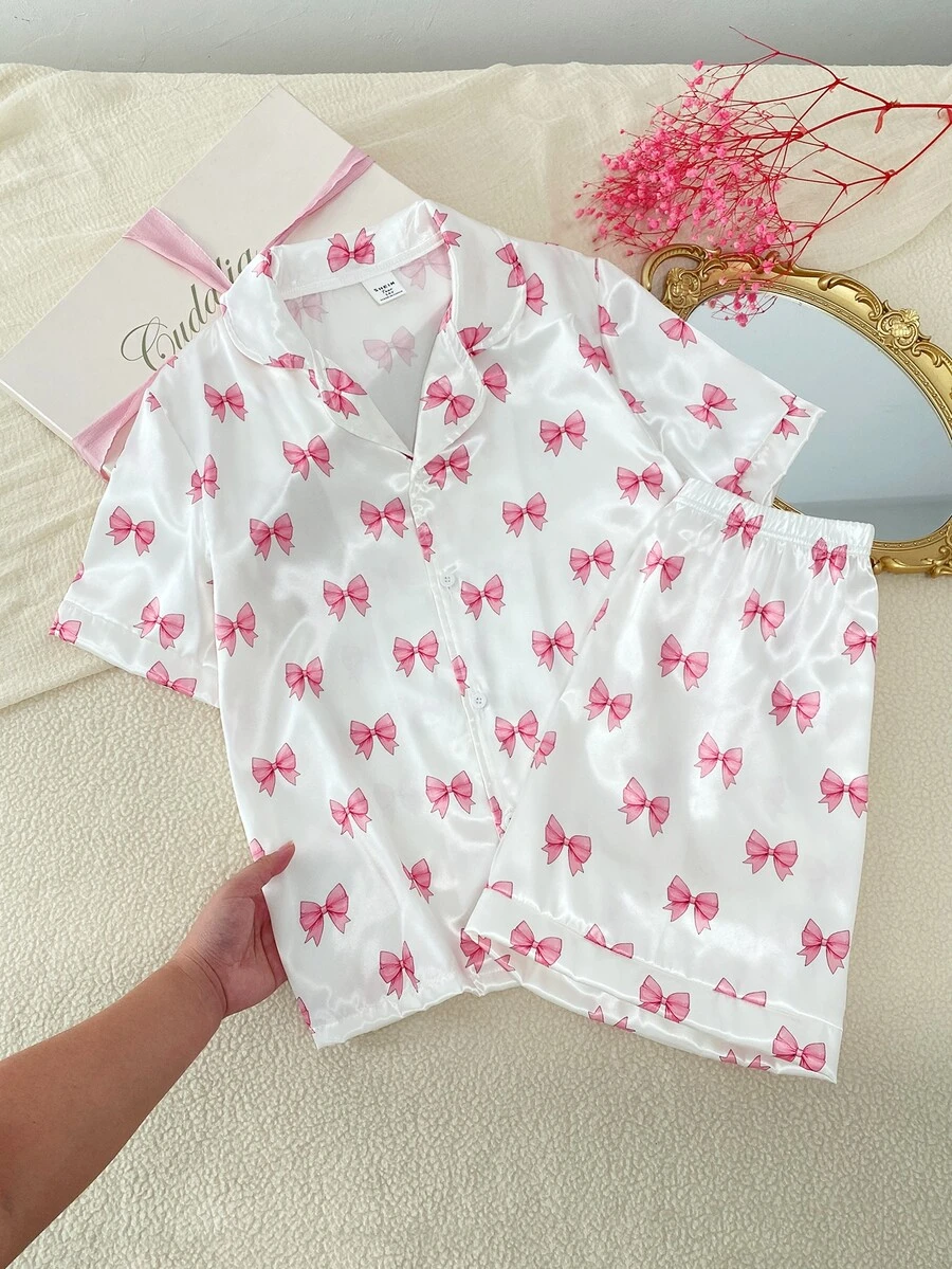 女童白色與粉色蝴蝶結簡約優雅休閒舒適寬鬆兩件式短袖上衣短褲居家服套裝 - 白色 - 查看 1