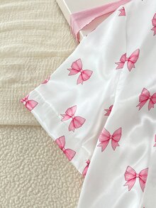 女童白色與粉色蝴蝶結簡約優雅休閒舒適寬鬆兩件式短袖上衣短褲居家服套裝 - 白色 - 查看 6