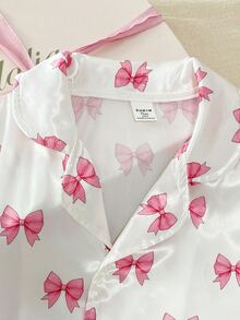 女童白色與粉色蝴蝶結簡約優雅休閒舒適寬鬆兩件式短袖上衣短褲居家服套裝 - 白色 - 查看 5