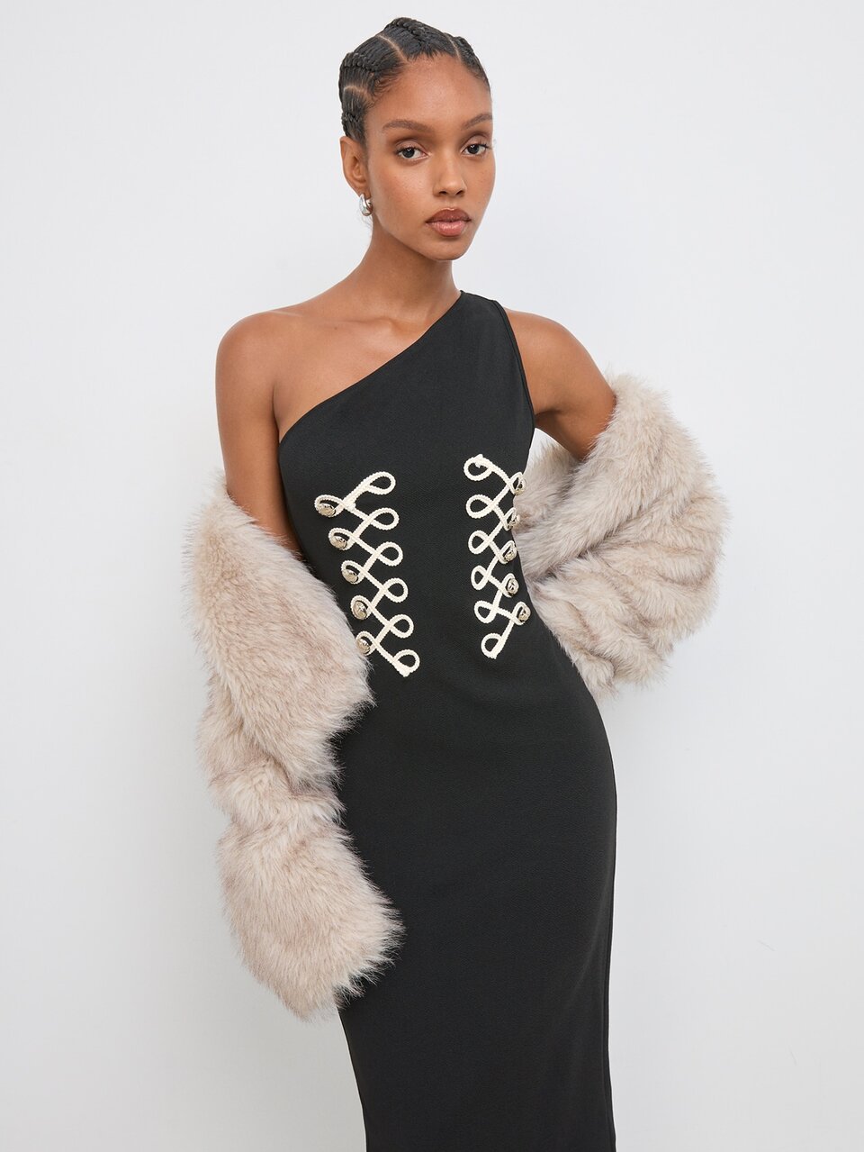 SHEIN Maija Black Asymmetric Neck Mid-Length Dress For Women With Urban Metal Stud Embellishment