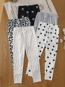 SHEIN 2件隨機女童幼兒無袖上衣與長褲套裝，黑白灰配色，愛心豹紋蝴蝶結圖案印花，柔軟輕盈針織，可愛秋冬款 - 彩色 - 查看 2