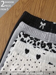 SHEIN 2件隨機女童幼兒無袖上衣與長褲套裝，黑白灰配色，愛心豹紋蝴蝶結圖案印花，柔軟輕盈針織，可愛秋冬款 - 彩色 - 查看 5