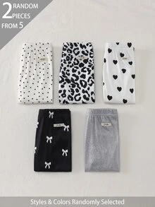 SHEIN 2件隨機女童幼兒無袖上衣與長褲套裝，黑白灰配色，愛心豹紋蝴蝶結圖案印花，柔軟輕盈針織，可愛秋冬款 - 彩色 - 查看 8