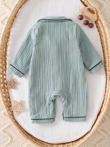 SHEIN 新生兒居家秋冬連身睡衣，棉質皺褶布料配滾邊飾邊 - 綠色 - 查看 2