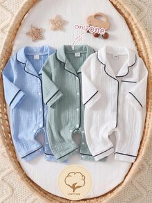 SHEIN 新生兒居家秋冬連身睡衣，棉質皺褶布料配滾邊飾邊 - 綠色 - 查看 8