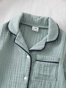 SHEIN 新生兒居家秋冬連身睡衣，棉質皺褶布料配滾邊飾邊 - 綠色 - 查看 7
