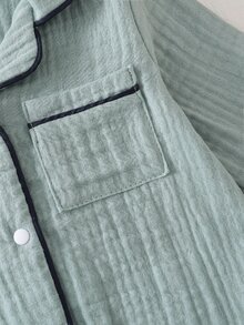 SHEIN 新生兒居家秋冬連身睡衣，棉質皺褶布料配滾邊飾邊 - 綠色 - 查看 5