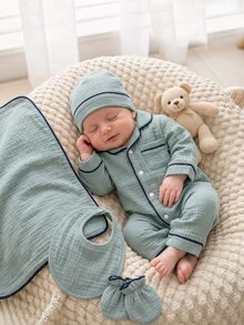 SHEIN 新生兒居家秋冬連身睡衣，棉質皺褶布料配滾邊飾邊 - 綠色 - 查看 3
