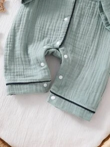 SHEIN 新生兒居家秋冬連身睡衣，棉質皺褶布料配滾邊飾邊 - 綠色 - 查看 6