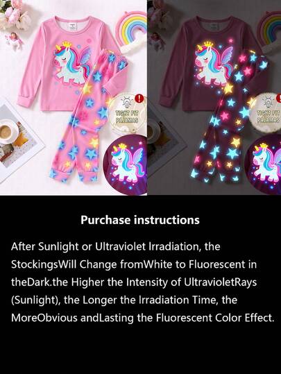 Young Girls Glow-In-The-Dark Baby Pink Unicorn Print 2 Piece Sets Snug Fit Pjs Knit Crew Neck Long Sleeve Top Pants Pajama Set Autumn/Winter Fairy