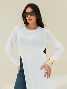 Maju Mazalli Women's Loose Long Sleeve Split Hem Long Sweater - White - View 5