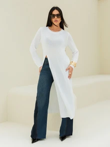 Maju Mazalli Women's Loose Long Sleeve Split Hem Long Sweater - White - View 1