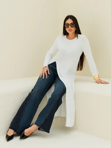 Maju Mazalli Women's Loose Long Sleeve Split Hem Long Sweater - White - View 4