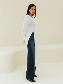 Maju Mazalli Women's Loose Long Sleeve Split Hem Long Sweater - White - View 3