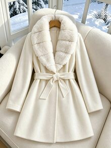 SHEIN Teen Girls Autumn/Winter Fashion Versatile Fur Collar Overcoat - White - View 7