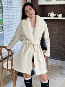 SHEIN Teen Girls Autumn/Winter Fashion Versatile Fur Collar Overcoat - White - View 3