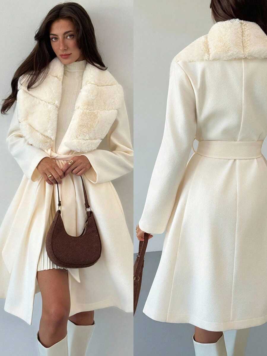SHEIN Teen Girls Autumn/Winter Fashion Versatile Fur Collar Overcoat - White - View 1