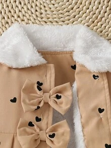 SHEIN 女嬰毛領 3D 蝴蝶結裝飾保暖內裡風衣外套 秋冬款 - 卡其色 - 查看 4