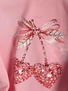 SHEIN 女童休閒 Y2K 可愛度假戶外運動通勤針織聚酯纖維校園派對上學粉色與白色圓領運動衫 - 粉色 - 查看 8