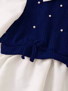 Tween Girls Geometric Knit Flare Sleeve Shirt With Pearl Detailing Back To School Clothes Girls Teen Girl Outfits Set  Fall Clothes Holiday Outfits - Navy Blue - View 10