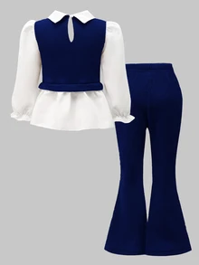 Tween Girls Geometric Knit Flare Sleeve Shirt With Pearl Detailing Back To School Clothes Girls Teen Girl Outfits Set  Fall Clothes Holiday Outfits - Navy Blue - View 3