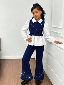Tween Girls Geometric Knit Flare Sleeve Shirt With Pearl Detailing Back To School Clothes Girls Teen Girl Outfits Set  Fall Clothes Holiday Outfits - Navy Blue - View 9