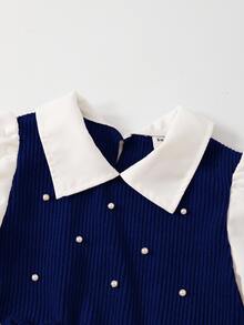 Tween Girls Geometric Knit Flare Sleeve Shirt With Pearl Detailing Back To School Clothes Girls Teen Girl Outfits Set  Fall Clothes Holiday Outfits - Navy Blue - View 4