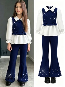 Tween Girls Geometric Knit Flare Sleeve Shirt With Pearl Detailing Back To School Clothes Girls Teen Girl Outfits Set  Fall Clothes Holiday Outfits - Navy Blue - View 5