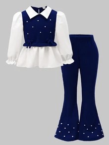 Tween Girls Geometric Knit Flare Sleeve Shirt With Pearl Detailing Back To School Clothes Girls Teen Girl Outfits Set  Fall Clothes Holiday Outfits - Navy Blue - View 7
