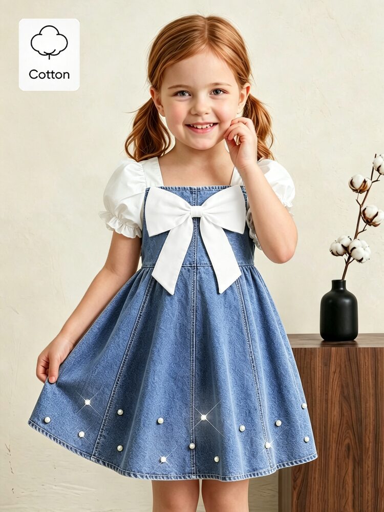SHEIN Playful Pals Girls Blue Autumn Fairy Denim Dress With Square Neckline, Puff Sleeves, Large Bow Pearl Hem, A-Line Silhouette, Kawaii Birthday Party Dress For Young Girls - Light Wash - View 3