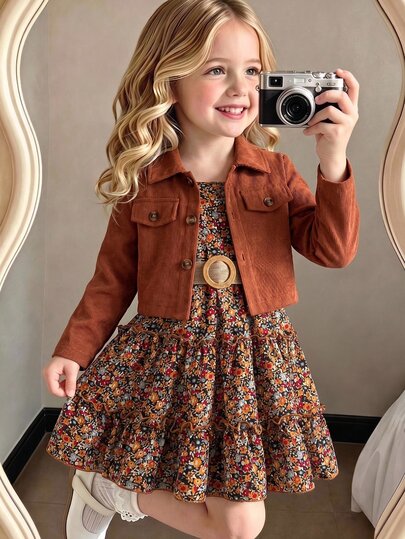 SHEIN Vintaside Kids Girls Little Corduroy Jacket & Floral Camisole Birthday Dress 2 Piece Set Top Lapel Corduroy Short Long Sleeve Jacket; Inner Floral Camisole Dress Wit