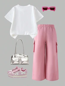 SHEIN Elladie kids 2 件套青少年女孩休闲蝴蝶结刺绣图案 T 恤和工装裤套装，适合春夏季时尚 - 粉色 - 查看 2