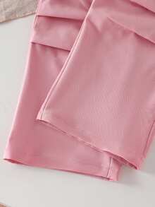 SHEIN Elladie kids 2 件套青少年女孩休闲蝴蝶结刺绣图案 T 恤和工装裤套装，适合春夏季时尚 - 粉色 - 查看 5