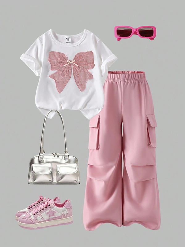 SHEIN Elladie kids 2pcs/Set Baju Anak Perempuan Remaja Perempuan: Kaos Grafis Bordir Pita & Celana Panjang, Warna Pink, Musim Panas, Lucu, Sekolah, Pakaian Kampus/Perguruan Tinggi Modis untuk Kembali ke Sekolah