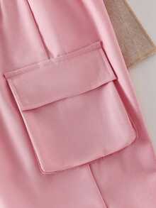 SHEIN Elladie kids 2 件套青少年女孩休闲蝴蝶结刺绣图案 T 恤和工装裤套装，适合春夏季时尚 - 粉色 - 查看 6