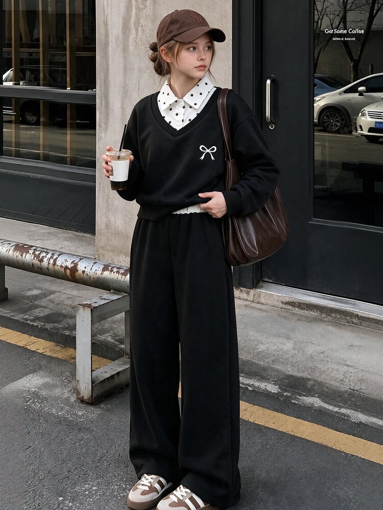 SHEIN Girls' 2pcs Christmas Polka Dot Bow V-Neck Crop Sweatshirt & Contrast Wide Leg Pants Set, Casual Loose Streetwear For Back To School Party Fall Winter - Black - View 8