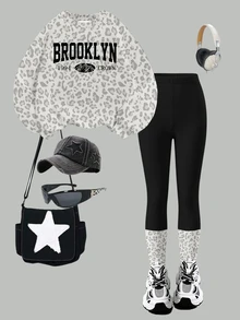 女童清新時尚 Brooklyn 灰色豹紋印花高級感基本款圓領衛衣與內搭褲套裝 - 彩色 - 查看 4